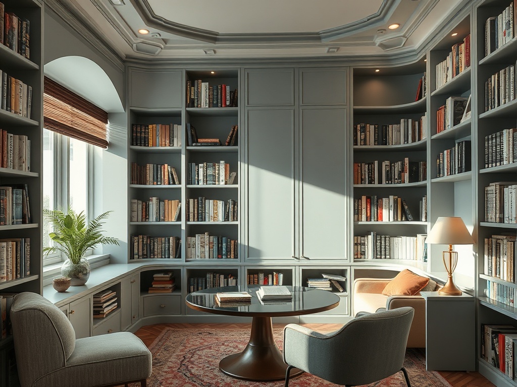 Современная библиотека с полками книг, уютным креслом и круглым столом при естественном освещении.