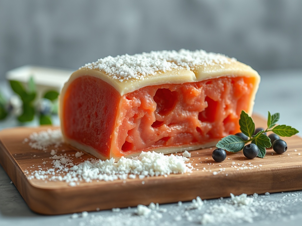 На деревянной доске лежит сладкий десерт с розовой начинкой и посыпкой, украшенный зеленью и ягодами.