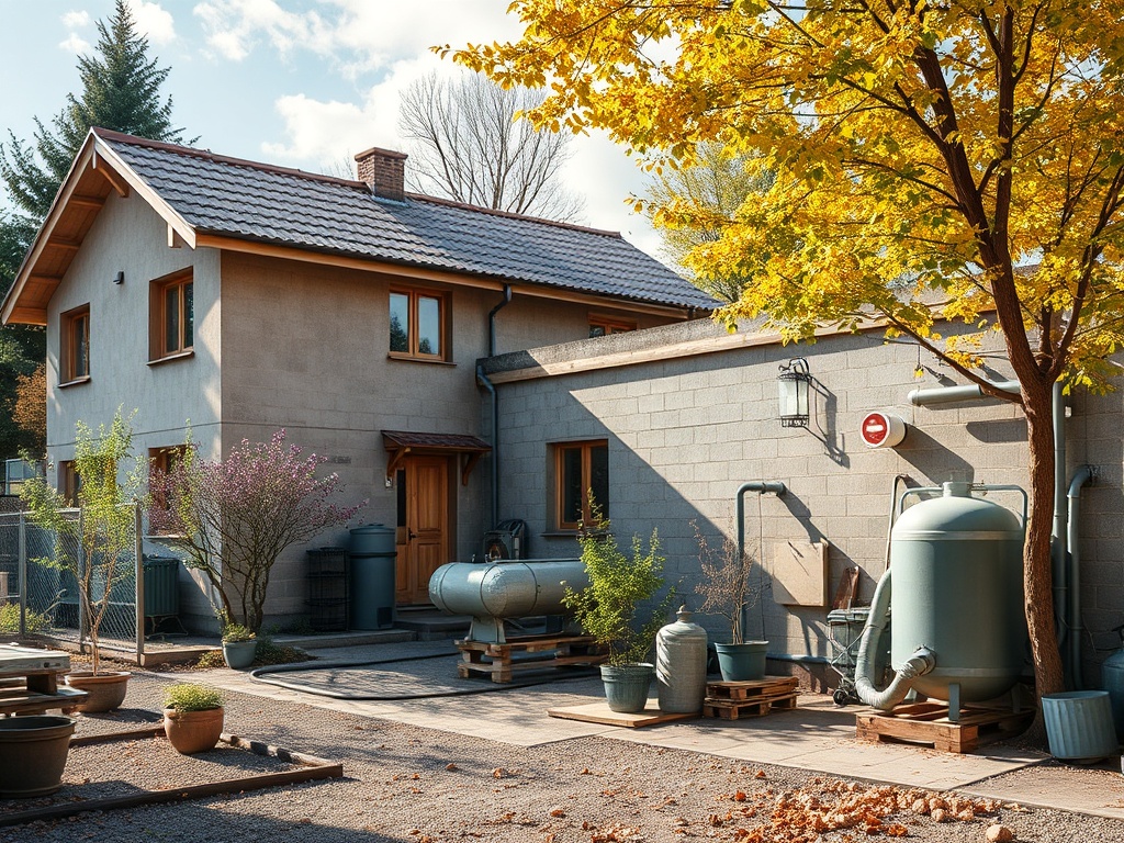 Дом с серыми стенами и деревянными окнами, окружённый растениями и контейнерами для воды. Осень.