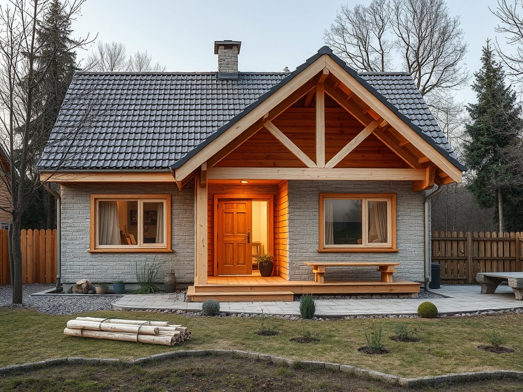 Современный дом с деревянным фасадом, крышей из черепицы и уютным интерьером. Зеленый двор с дорожками.