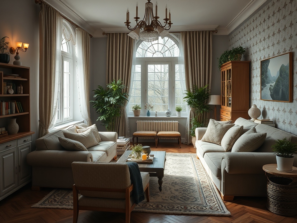 Светлая гостиная с уютной мебелью, растениями и большим окном, наполняющим пространство светом.