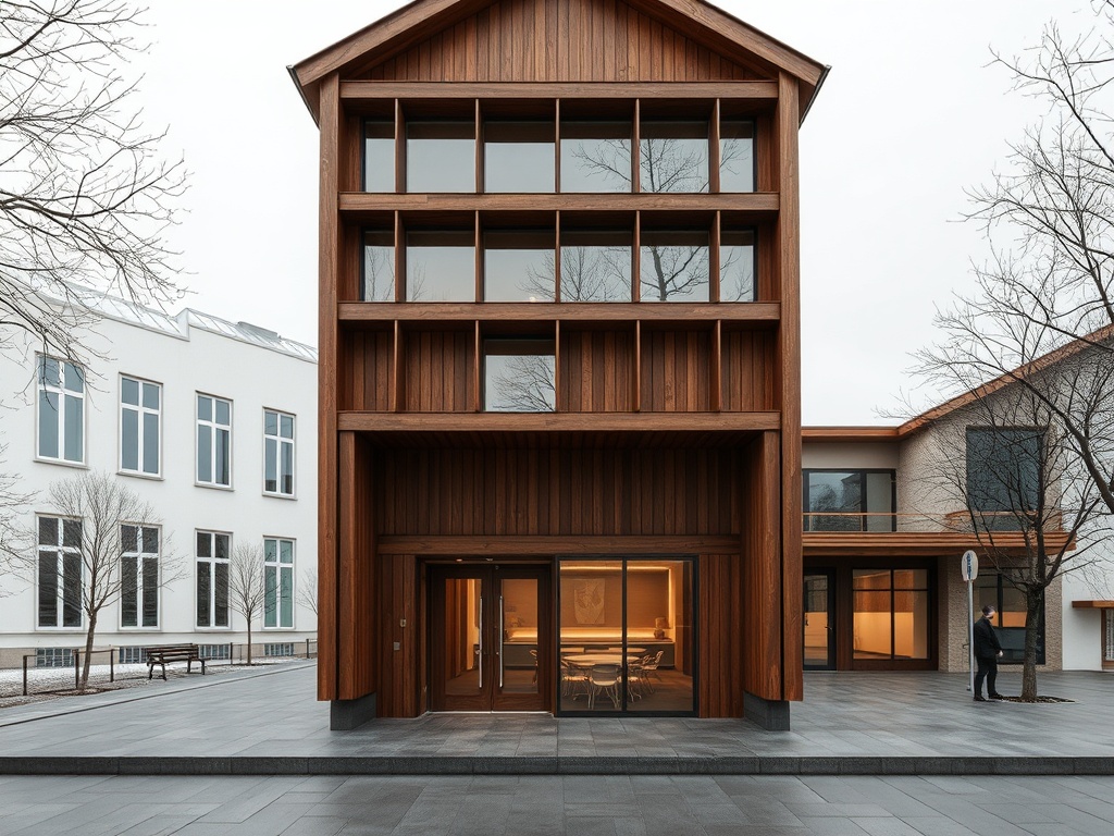 Современное здание с деревянным фасадом, расположенное на улице среди деревьев и других сооружений.