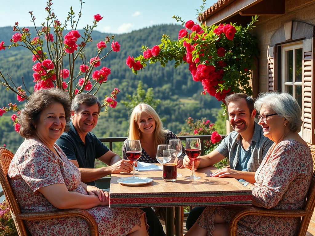 На террасе, окружённой цветами, группа людей наслаждается вином и общением. Солнечный день, горы на фоне.