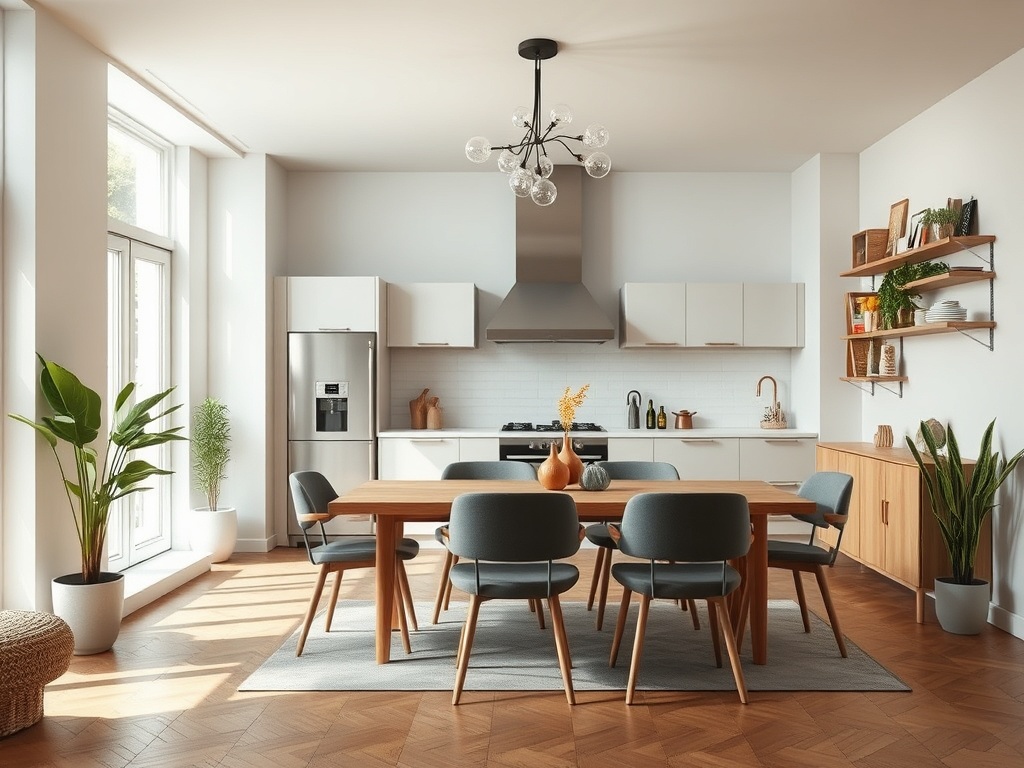 Современная кухня с деревянным столом, стульями, растениями и светлой палитрой. Уютное и стильное пространство.