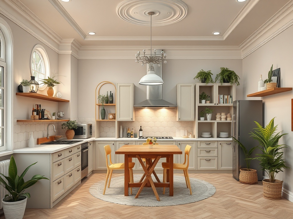 Современная кухня с деревянным столом, светлыми шкафами и зелеными растениями. Уютная атмосфера.