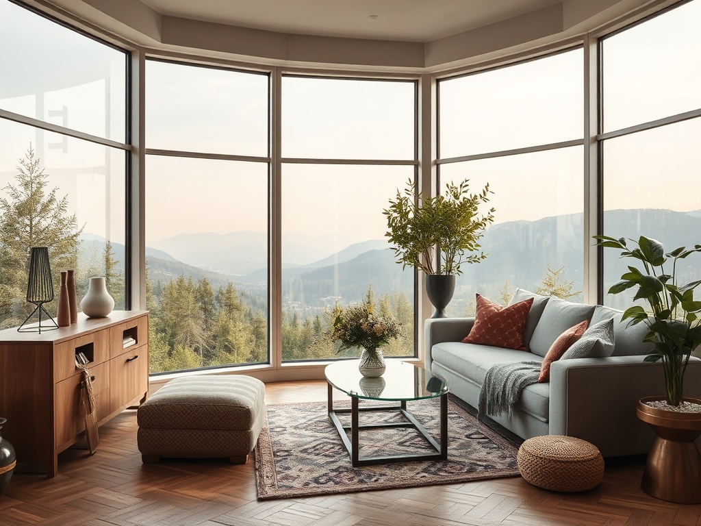 Современная гостиная с большими окнами и панорамным видом на горы, уютная мебель и зелёные растения.