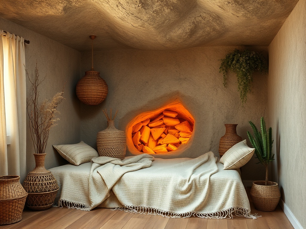 Уютная комната с диваном, пледом и декоративными вазами, огонь светит из ниши с дровами.