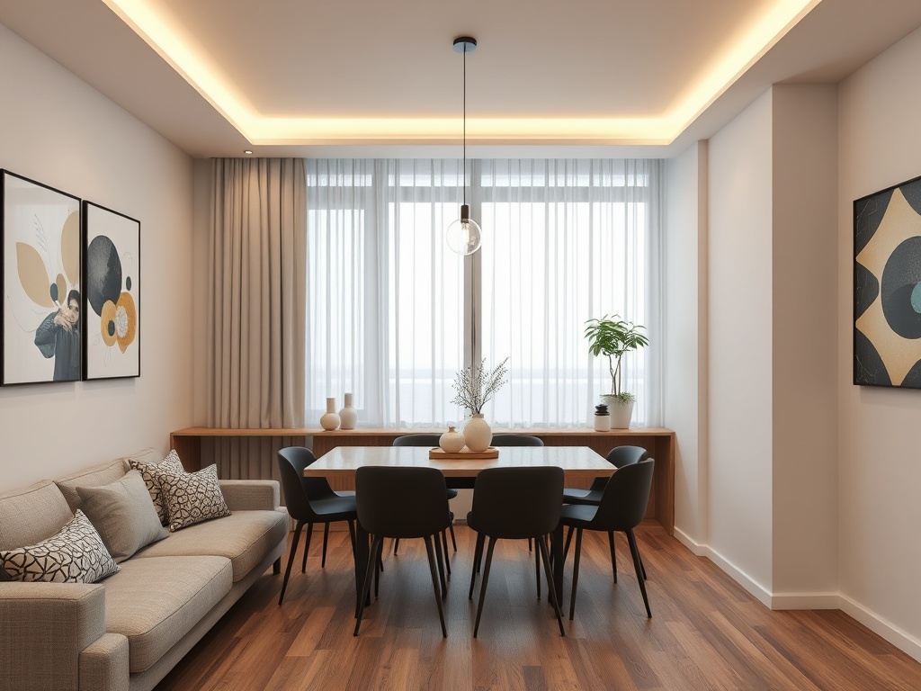 Современный столовая с мягким диваном, столом, черными стульями и яркими картинами на стенах.