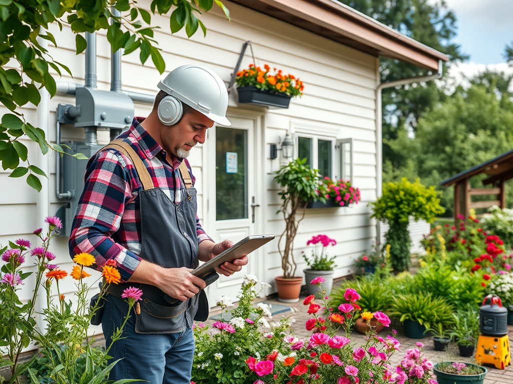 Мужчина в каске внимательно смотрит на планшет перед доме, окруженном цветами и растениями.