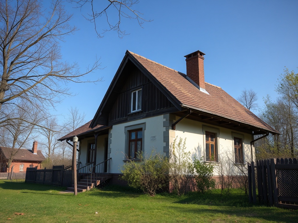 Деревенский дом с черепичной крышей и лестницей, окружённый зелёным газоном и деревьями под ясным небом.