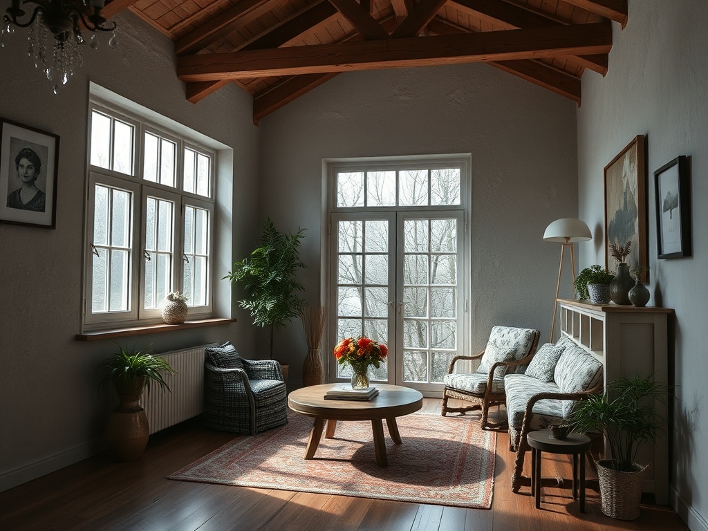 Светлое уютное помещение с большими окнами, растениями и мягкой мебелью на фоне зимнего пейзажа за окном.