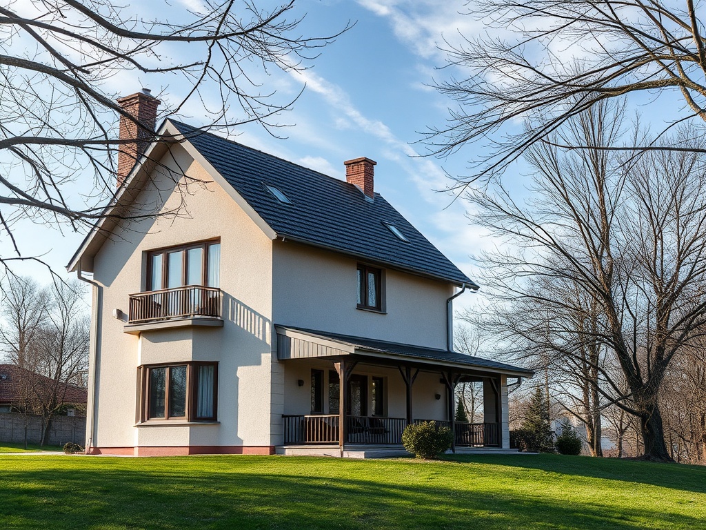 Современный дом с мансардной крышей, окруженный зелёным газоном и деревьями под голубым небом.
