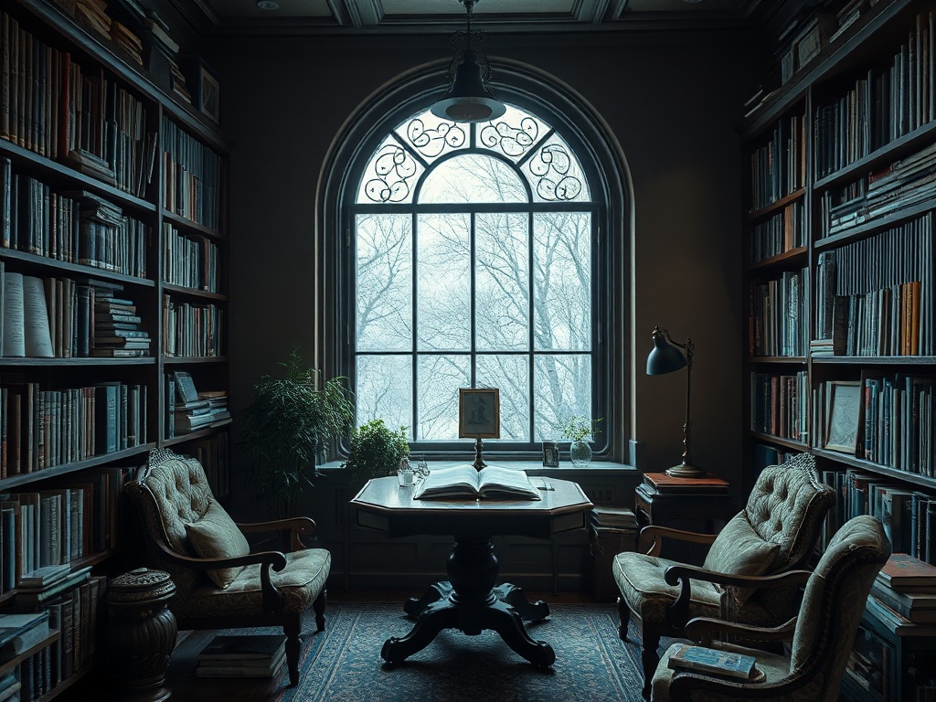 Тихая библиотека с книгами, уютными креслами и окном, за которым видны деревья в тумане.