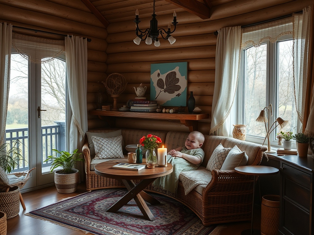 Уютная комната с диваном, на котором сидит ребенок, и окном, через которое виден зеленый пейзаж.