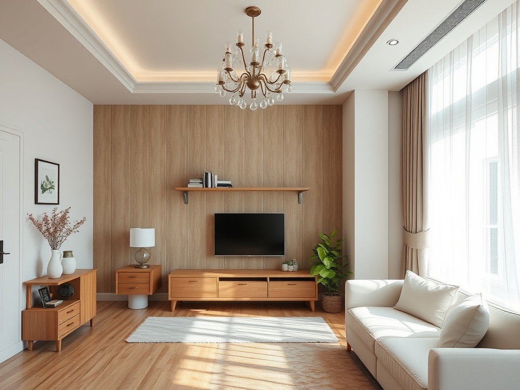 Современная гостиная с светлыми тонами, телевизором и деревянной мебелью для комфортного отдыха.