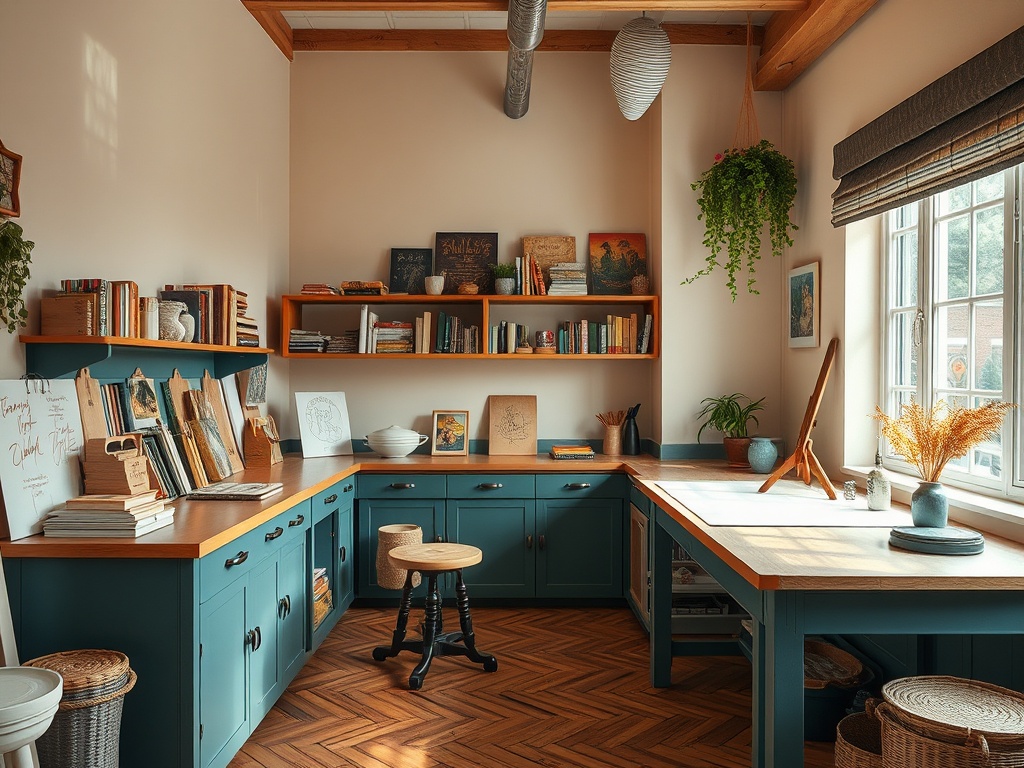 Уютный рабочий уголок с книжными полками, растениями и художественными материалами на столе.