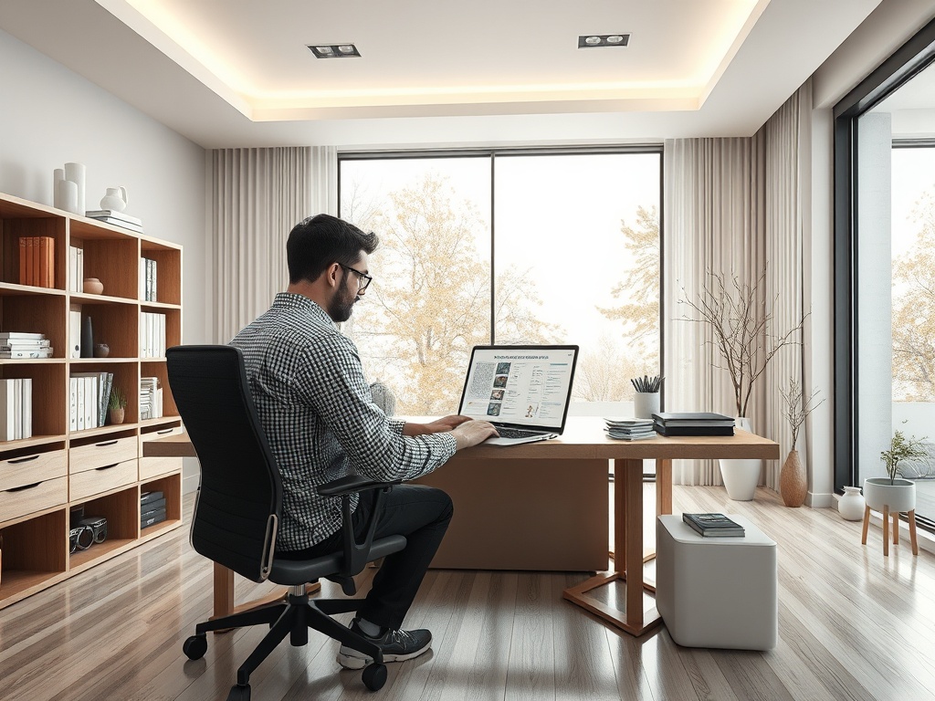 Современный офис с рабочим столом, компьютером и видом на природу через большие окна. Мужчина за работой.