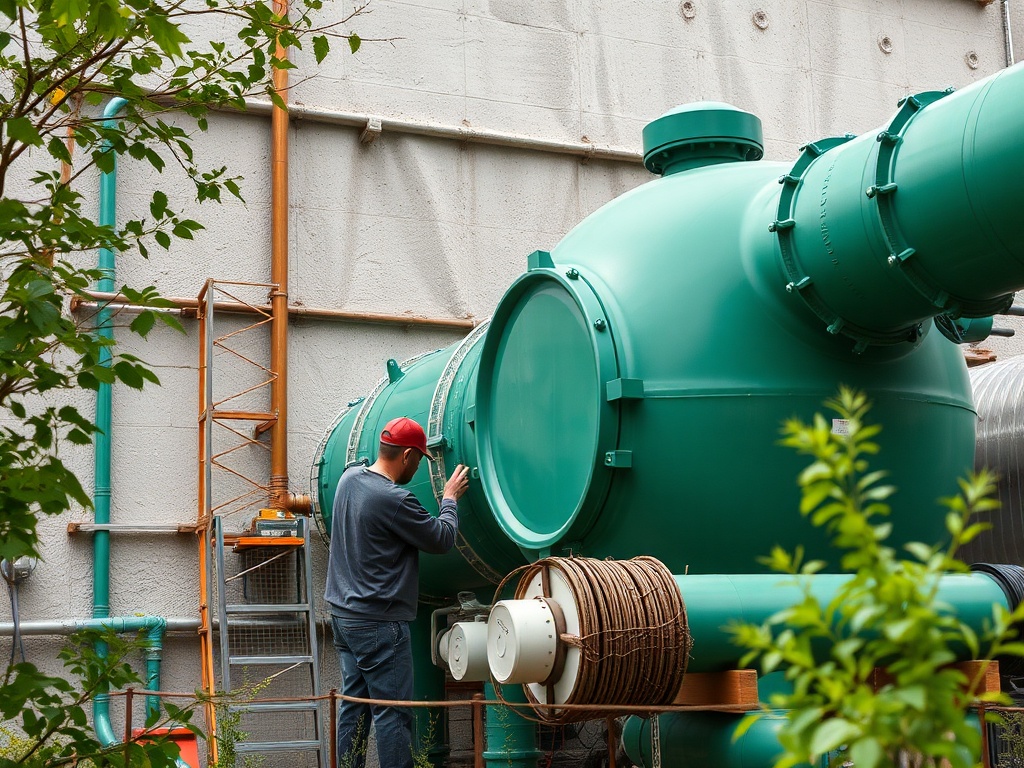 Рабочий осматривает большой зелёный резервуар на фоне труб и строительных конструкций.