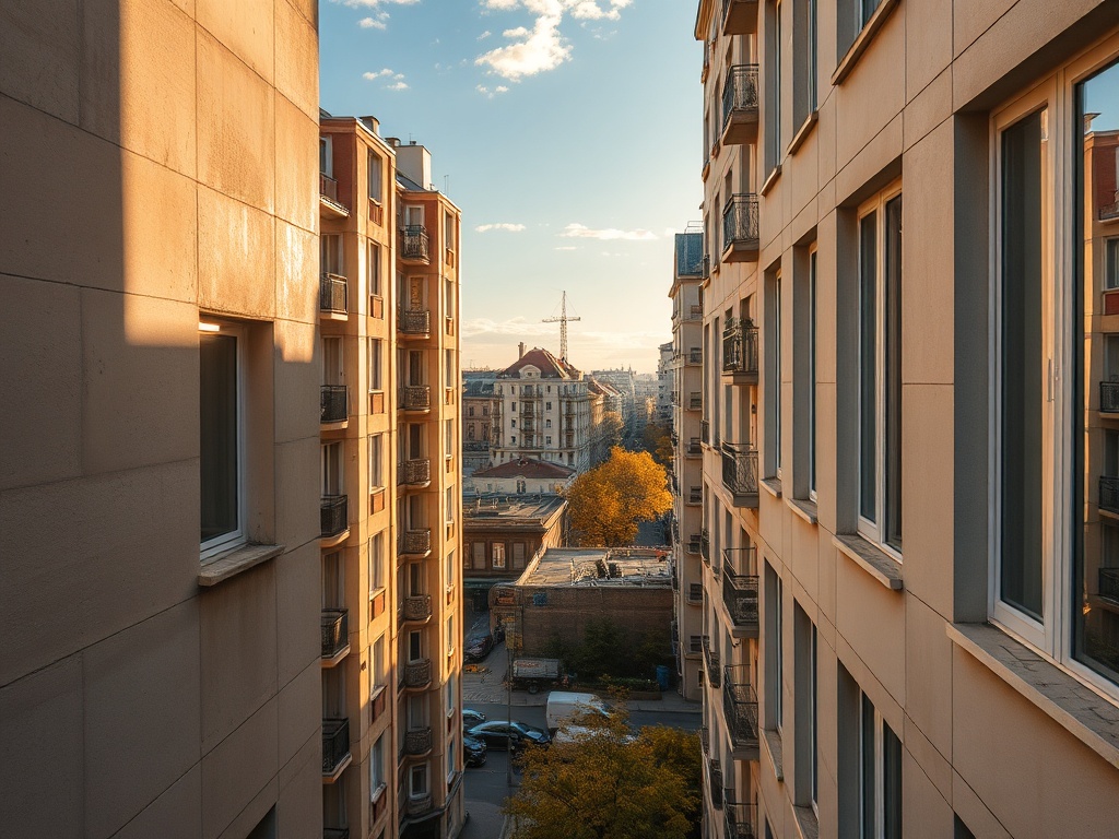 Вид между зданиями на городскую улицу, освещённую вечерним солнцем, с жёлтыми деревьями.
