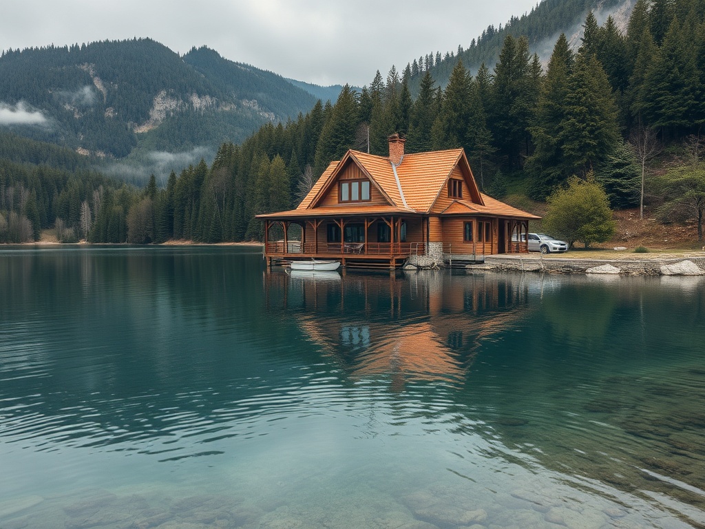 Уютный деревянный дом у воды, отражающийся в спокойном озере на фоне горного леса.