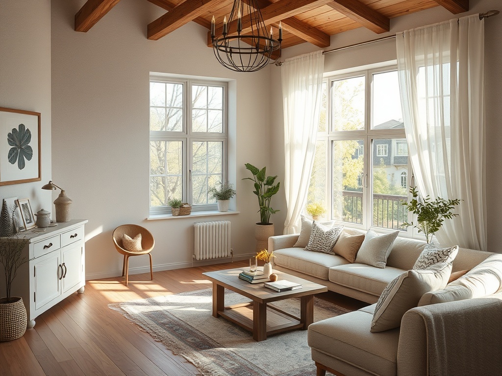 Светлая гостиная с деревянным потолком, уютной мебелью и зелеными растениями у окон. Теплая атмосфера.