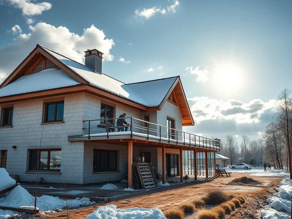 Два человека на балконе дома зимой, окружённого снегом, светит солнце. Вдалеке видны деревья и автомобили.