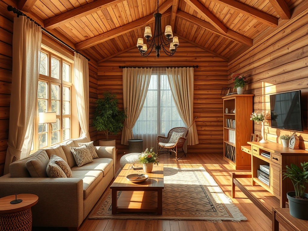 Светлая гостиная с деревянной отделкой, мягкой мебелью и большими окнами. Уютная атмосфера и природное освещение.