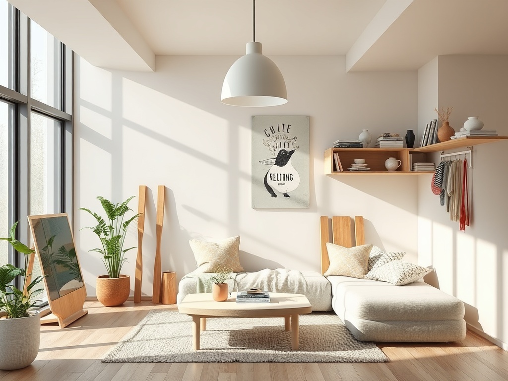 Светлая гостиная с уютным диваном, растениями и деревянными полками, подчеркивающими стильный интерьер.