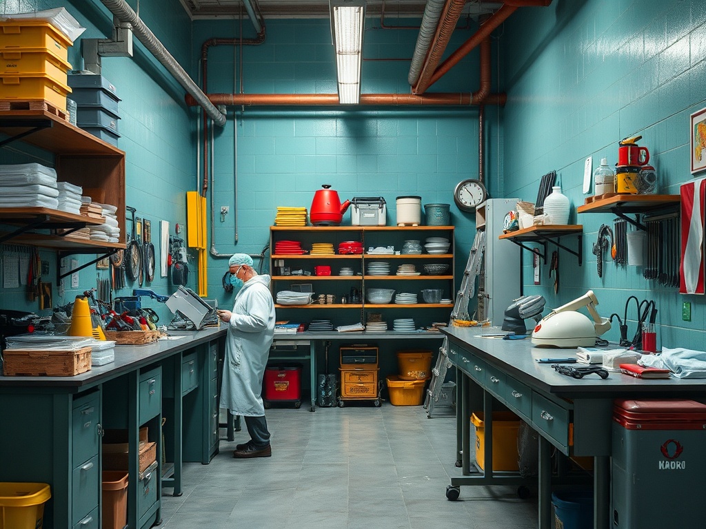 Рабочая комната с оборудованием, на столе человек в медицинском халате, окружённый предметами для кухни.